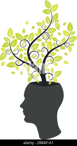 Abstract tree with green leaves glowing from human head illustration. Stock Vector