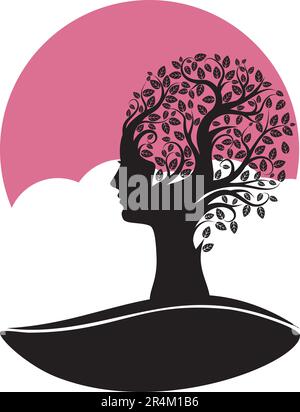 Abstract tree silhouette with leaves and female head, ecology concept illustration. Stock Vector