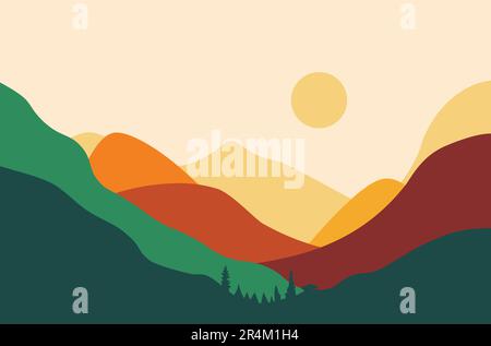 Abstract landscape with sunset over colorful mountains, minimalist style illustration. Stock Vector