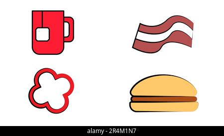 Pack of breakfast meal includes a burger, bacon, tea and coffee cup for a restaurant menu of fast food. Stock Vector