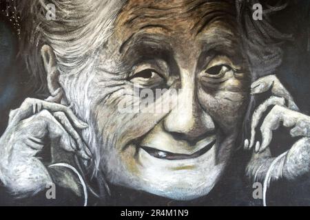 Smiling Old Woman Wrinkled Face Drawing Art, Polynesia Pacific Culture.  Souvenir Gift Shop Hanga Roa Waterfront Easter Island Isla De Pascua Chile Stock Photo