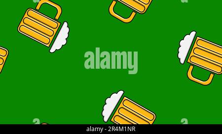 Seamless pattern of yellow repeating alcoholic beer glasses glass with beer frothy hop beer malt craft lager on a green background to the day of Saint Stock Vector