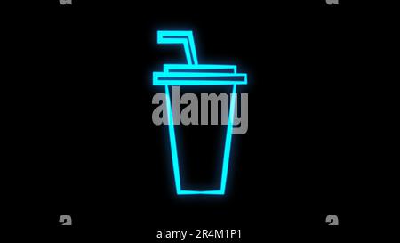 Glowing neon line Paper glass with drinking straw and water icon isolated on brick wall background. Soda drink glass. Stock Vector