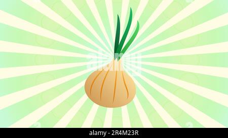 Onion sign. Salad ingredient. Healthy vegetable. Vector. Dark red icon in lemon chiffon shutter bubble at red popart background with rays. Stock Vector