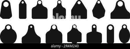Ear tags for cattle. Set of blank black identification labels for farm animals isolated on white background. Collection of earmark mockups for livestock. Vector illustration Stock Vector