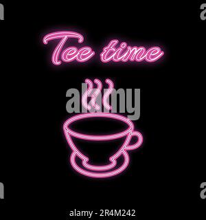 A simple abstract neon bright glowing glowing pink, purple icon, a signboard of hot delicious tea mugs and the inscription tea time and copy space on Stock Vector