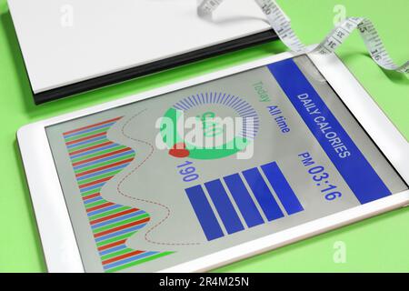 Tablet with weight loss calculator application, measuring tape and food ...