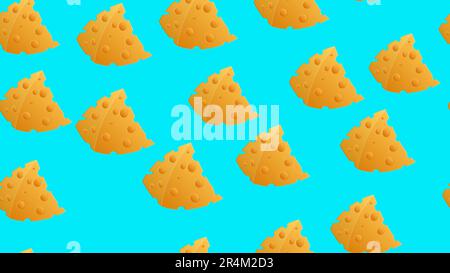 cheese on a blue background, vector illustration, pattern. an appetizing triangular slice of cheese with holes. seamless illustration, wallpaper, styl Stock Vector