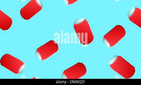 tin bottles on a blue background, vector illustration, pattern. bottle for drinks and lemonades. container for soda red. seamless pattern, illustratio Stock Vector