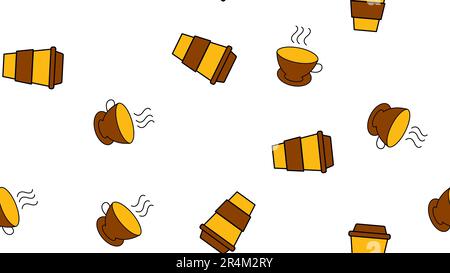 Texture seamless pattern from a set of beautiful nice tasty refreshing coffee drinks in fast paper thermo glasses and a cup of tea in ceramic cups on Stock Vector