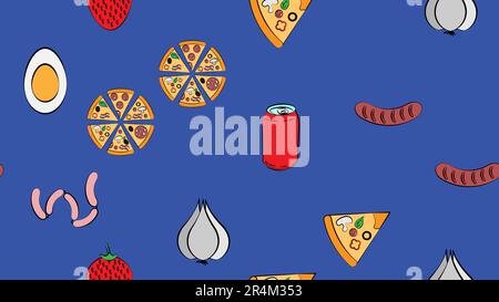Seamless endless pattern of different delicious hearty hot sausages, soda, fast food pizzas on a blue background. Texture. Stock Vector