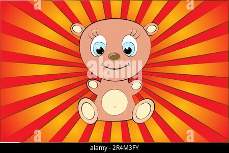 Big cute beautiful funny thick plush teddy bear toy girl on a background of abstract red rays. Vector illustration. Stock Vector