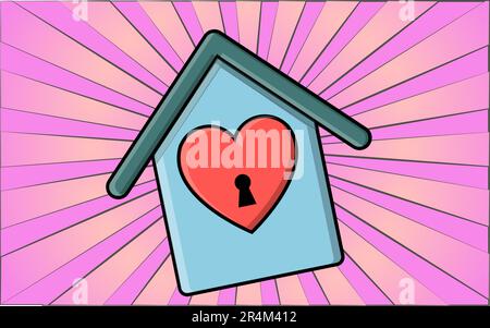 Simple flat style icon of a beautiful house with a birdhouse with a heart and a keyhole for the feast of love, Valentine's Day or March 8th. Vector il Stock Vector