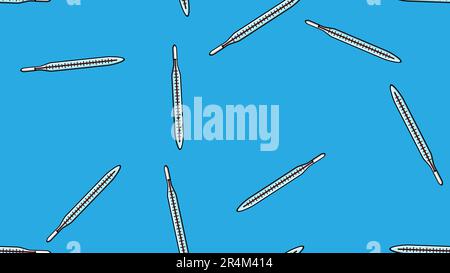 Seamless pattern texture of endless repetitive medical digital mercury glass thermometers for measuring body temperature on a blue background. Vector Stock Vector