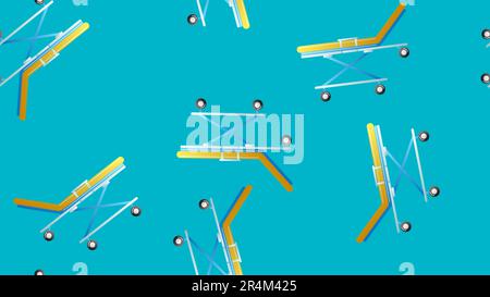 Endless seamless pattern of medical scientific medical items hospital wheelchairs beds with wheels on a blue background. Vector illustration. Stock Vector