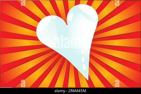 Big beautiful cold love glass ice heart on a background of abstract red rays. Vector illustration. Stock Vector