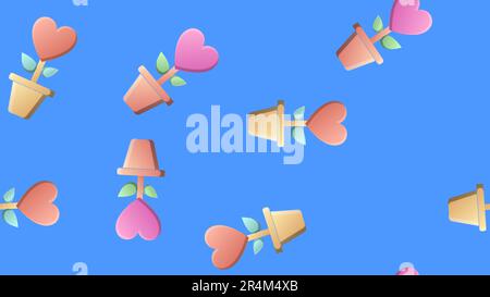 Endless seamless pattern of beautiful festive love flowers in pots with hearts on a blue background. Vector illustration. Stock Vector