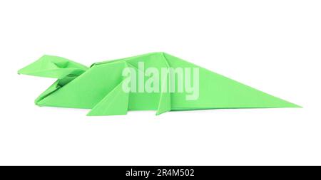 Origami art. Handmade green paper crocodile on white background Stock Photo