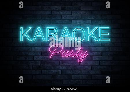 Glowing neon sign with words Karaoke Party on brick wall Stock Photo