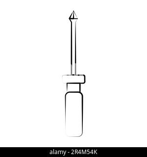 A dark-white crosshead screwdriver icon for screwing and unscrewing screws and screws, on the head of which there is a slot, groove. Construction meta Stock Vector