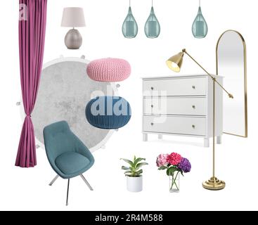 Stylish interior design. Different decorative elements and furniture on white background. Mood board collage Stock Photo