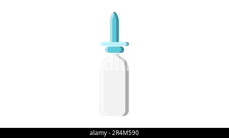 Beautiful medical blue nasal spray dispenser with drops of medicine for the treatment of rhinitis pharmaceutical on a white background. Vector illustr Stock Vector