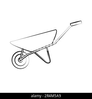 Construction black-and-white icon of a manual one-wheeled trolley with one wheel designed for carrying heavy loads, building materials for repair. Con Stock Vector