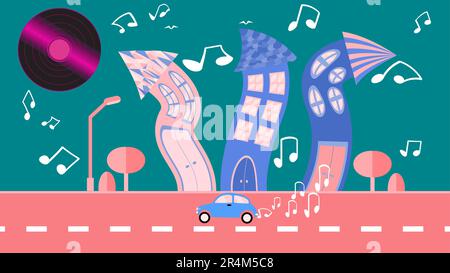 Abstract dancing city in a flat style with a vinyl plate instead of the sun with curved houses with notes with trees with a road and a car and bushes, Stock Vector