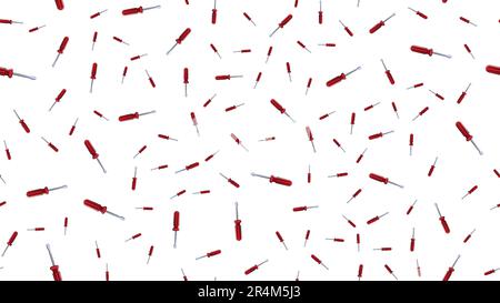 Texture, seamless abstract pattern of construction metal plastic red screwdrivers for repair, tool on white background. Vector illustration. Stock Vector