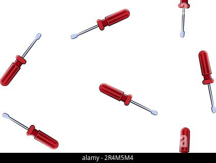 Texture, seamless abstract pattern of construction metal plastic red screwdrivers for repair, tool on white background. Vector illustration. Stock Vector
