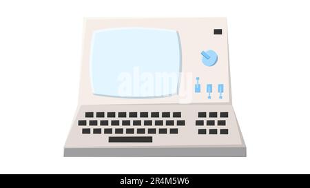 Old retro vintage hipster computer, pc with monitor and keyboard from 70s, 80s, 90s. Beautiful white icon. Vector illustration. Stock Vector