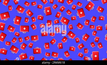 Endless seamless pattern of medical scientific medical items of first aid pharmacies on a blue background. Vector illustration. Stock Vector