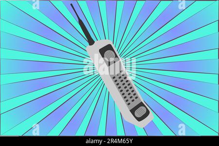 Retro old antique hipster mobile phone with an antenna from the 70s, 80s, 90s, 2000s against a background of abstract blue rays. Vector illustration. Stock Vector