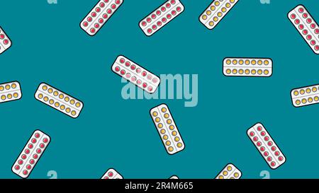 Seamless pattern endless texture of yellow round medical medicinal pharmaceutical pills tablets in packaging plates on blue background. Vector illustr Stock Vector
