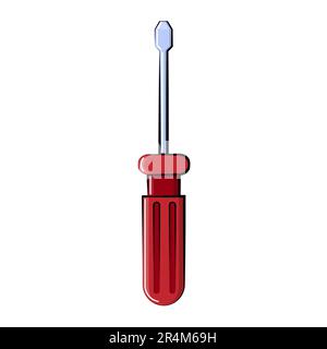 Red screwdriver icon with a straight or flat slot for screwing, unscrewing screws. Construction plumbing tool for the jack of all trades. Vector illus Stock Vector