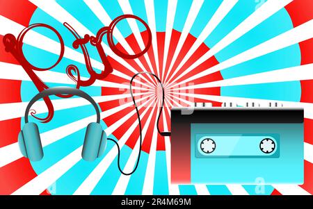 Blue old retro vintage hipster realistic voluminous portable music cassette audio player for audiocassettes from the 80's, 90's and headphones on a ba Stock Vector