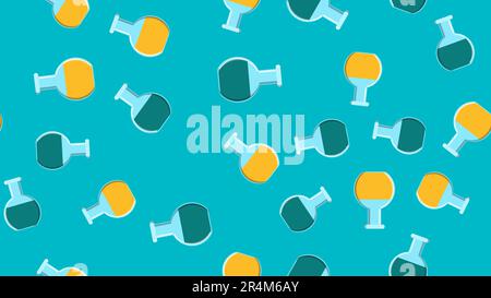 Seamless pattern texture of endless repeating round multi-colored medical chemical glass scientific test tubes of flasks cans on blue background. Vect Stock Vector