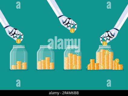 Robot hands saving coins in glass jars. Vector illustration Stock Vector