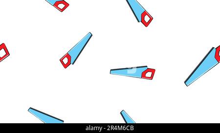 Texture, seamless abstract pattern of building sharp metallic blue and red hand saws with teeth for repair, cutting tool on white background. Vector i Stock Vector