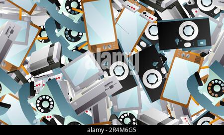 Seamless pattern of retro old hipster electronic devices technology computers cassettes tape recorders mobile phones from the 70s, 80s, 90s, 2000s, ba Stock Vector
