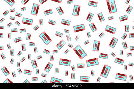 Texture seamless patten of old vintage retro hipster antique multicolored musical film audio cassettes from the 70's, 80's, 90's. The background. Vect Stock Vector