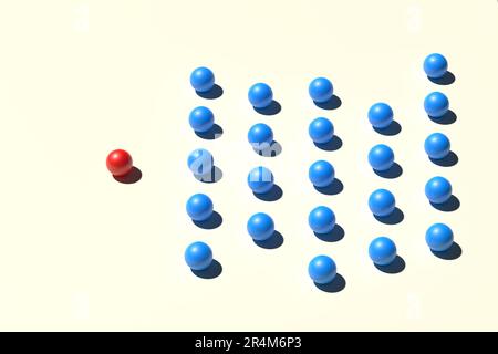 Red sphere ball against blue spheres. Confrontation and challenge concept. One against many. 3D render. Stock Photo