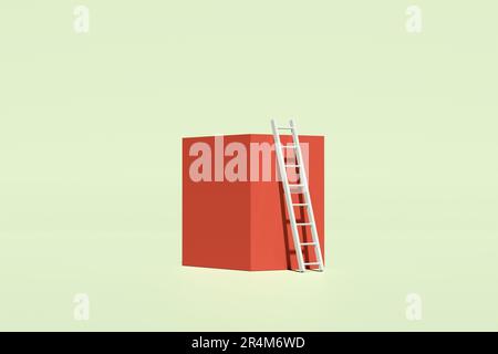 Conquering adversity, overcoming difficulties. Success, achievement and progress in business career. Job promotion. Ladder leaning against a cube bloc Stock Photo