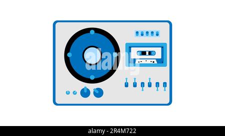 Old retro vintage white music cassette tape recorder with magnetic tape on reels and speakers from the 70s, 80s, 90s. Beautiful icon. Vector illustrat Stock Vector