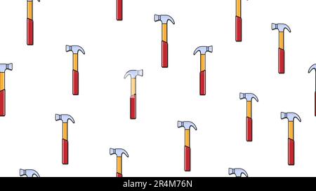 Texture, seamless pattern of metal red plumbing construction repair hammers for hammering nails on a white background. Vector illustration. Stock Vector