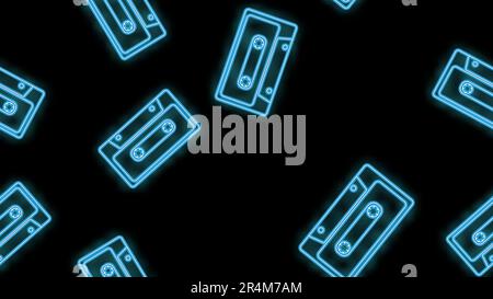 Seamless pattern, texture of beautiful abstract neon bright blue glowing old retro vintage hipster music audio cassettes from the 80s, 90s and copy sp Stock Vector