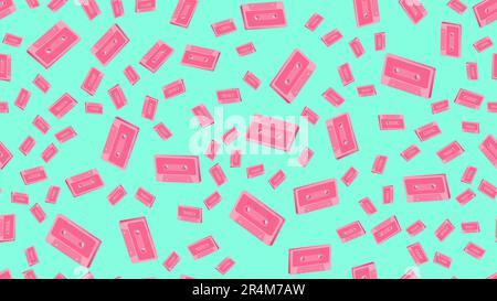 Endless seamless pattern of beautiful old retro ancient hipster music disco audio tapes on a turquoise background. Vector illustration. Stock Vector