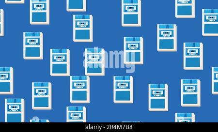 Seamless pattern endless with music audio cassette old retro voice recorder vintage hipster from 70s, 80s, 90s isolated on blue background. Vector ill Stock Vector