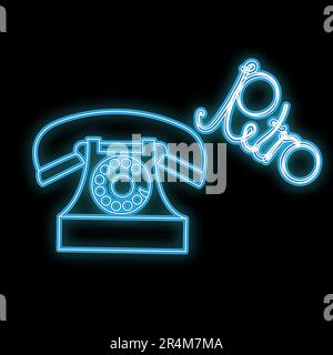 Beautiful blue bright glowing abstract neon icon, signboard of old retro vintage phone from 60s, 70s, 80s, 90s and copy space with retro inscription o Stock Vector