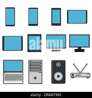 Vector illustration set of flat icon of simple modern digital smartphones computers  monitors modems on a white background. Concept: computer technolo Stock Vector